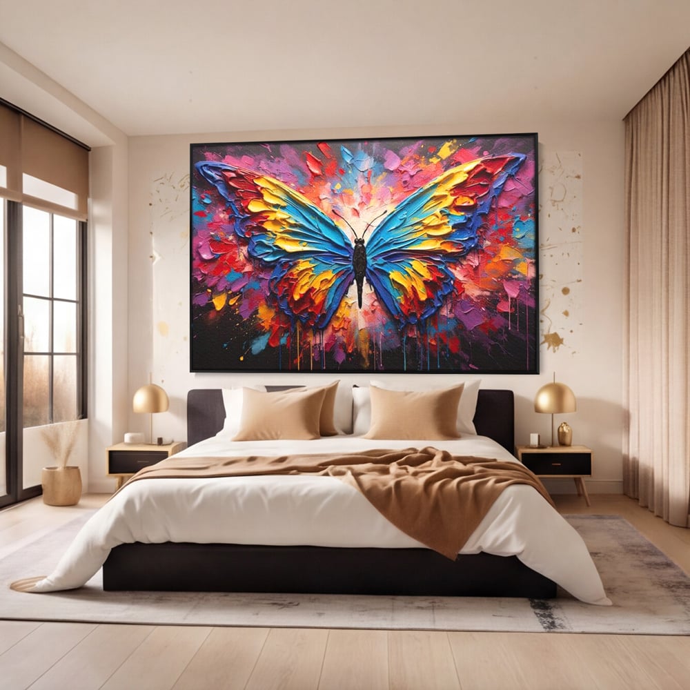 Tablou canvas cu pictura cu fluture colorat, in rama de aluminiu negru, pe perete intr-un dormitor